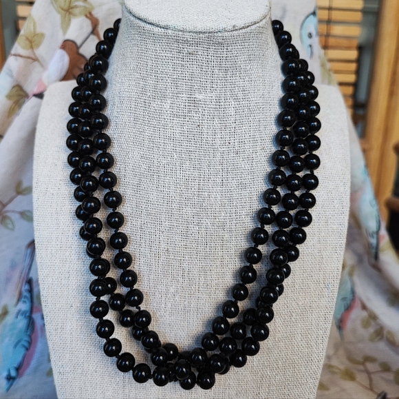 Black Agate Chalcedony Onyx Stone Knotted Beaded Long Vintage Mourning Necklace - Picture 1 of 6